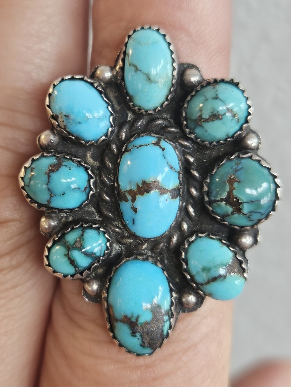 Vintage Navajo Sterling Silver Turquoise Cabochon Cluster Statement Ring 10.5